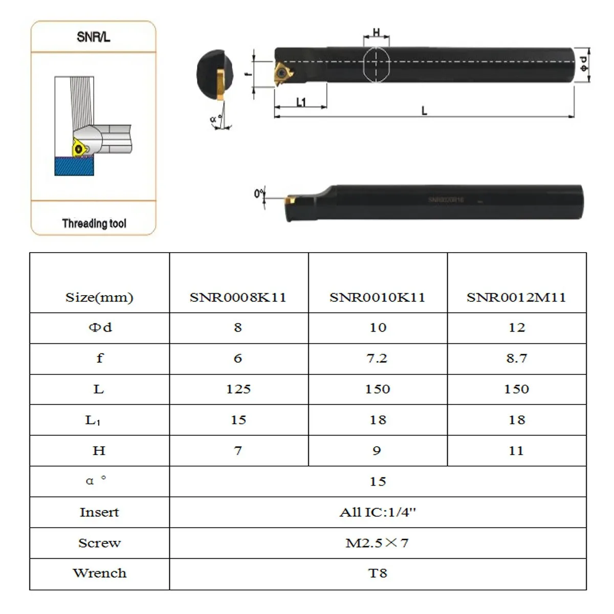 SNR0008K11/NR0010K11/SNR0012M11 Boring Bar Turning Tool Holder + 1pcs Wrench Stainless Steel For 11 IR Insert 
SNR0008K11/NR0010K11/SNR0012M11 Boring Bar Turning Tool Holder + 1pcs Wrench Stainless Steel For 11 IR Insert