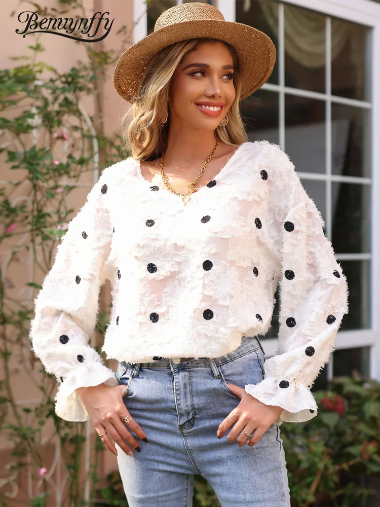 Benuynffy Polka Dot V-neck Fuzzy Blouse Women Spring Fall See Through Long Sleeve Sweet Ladies Fashion Loose Tops and Blouses
Benuynffy Polka Dot V-neck Fuzzy Blouse Women Spring Fall See Through Long Sleeve Sweet Ladies Fashion Loose Tops and Blouses