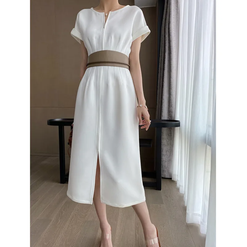 2021 Summer O Neck Zipper Women Dress Slim Waist Solid Color Short Sleeve Maxi Dress Elegant Lady Party Dress For Minimalist 
2021 Summer O Neck Zipper Women Dress Slim Waist Solid Color Short Sleeve Maxi Dress Elegant Lady Party Dress For Minimalist