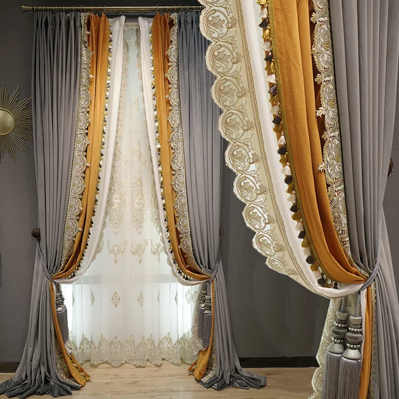 European Gray Velvet Cloth Stitching Orange Lace Luxury Curtains For Living Room Bedroom Exquisite Embroidery Embossed Tulle #4
European Gray Velvet Cloth Stitching Orange Lace Luxury Curtains For Living Room Bedroom Exquisite Embroidery Embossed Tulle #4