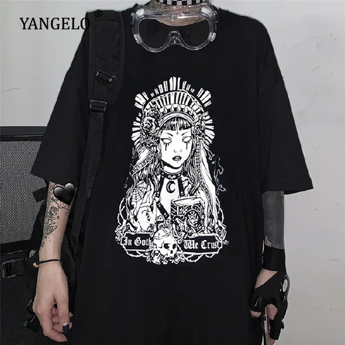 Yangelo 2022 готическая Черная футболка большого размера унисекс в эстетике Харадзюку