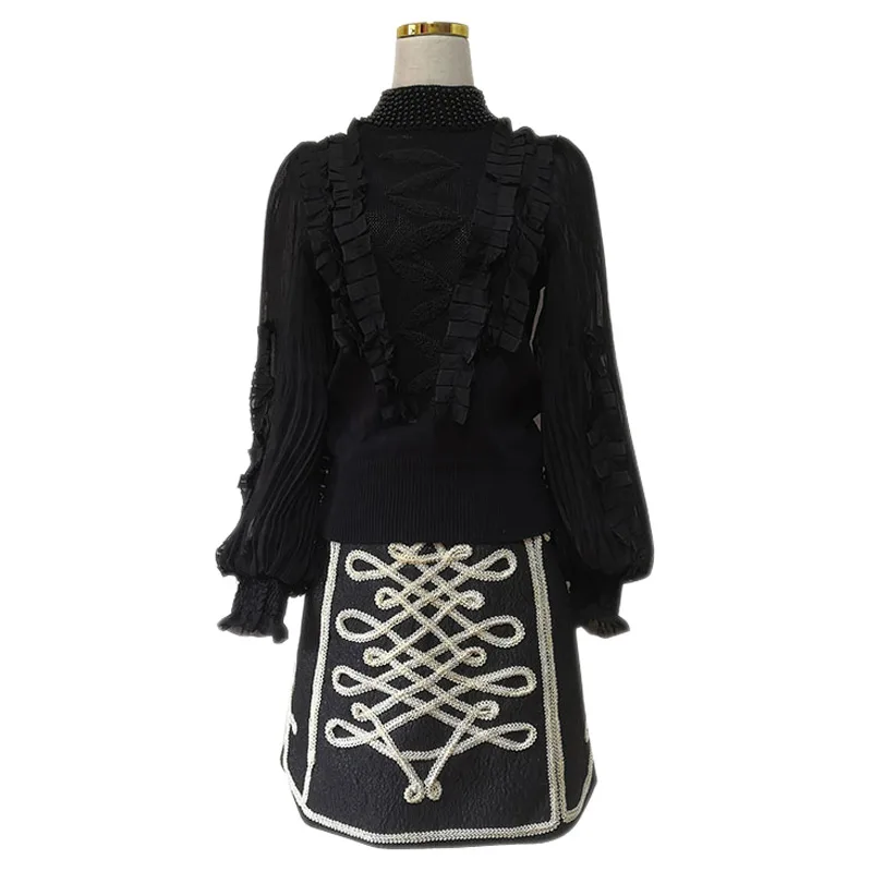 2Pcs Clothing Set Beaded Stand Collar Pleats Lantern Sleeve Ruffles Black Blouse Ladies Shirt + A Line Short Vintage Skirt
2Pcs Clothing Set Beaded Stand Collar Pleats Lantern Sleeve Ruffles Black Blouse Ladies Shirt + A Line Short Vintage Skirt