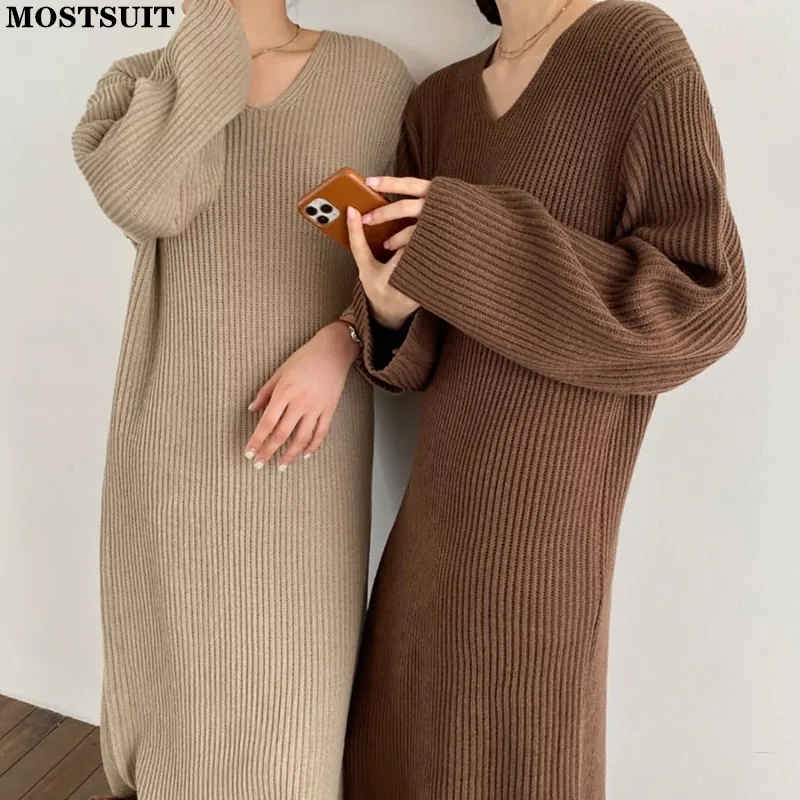 V-neck Knitted Sweater Dress Women Autumn Winter Full Sleeve Loose Waist Long Ankle-length Dresses Solid Vintage Basic Vestidos
V-neck Knitted Sweater Dress Women Autumn Winter Full Sleeve Loose Waist Long Ankle-length Dresses Solid Vintage Basic Vestidos