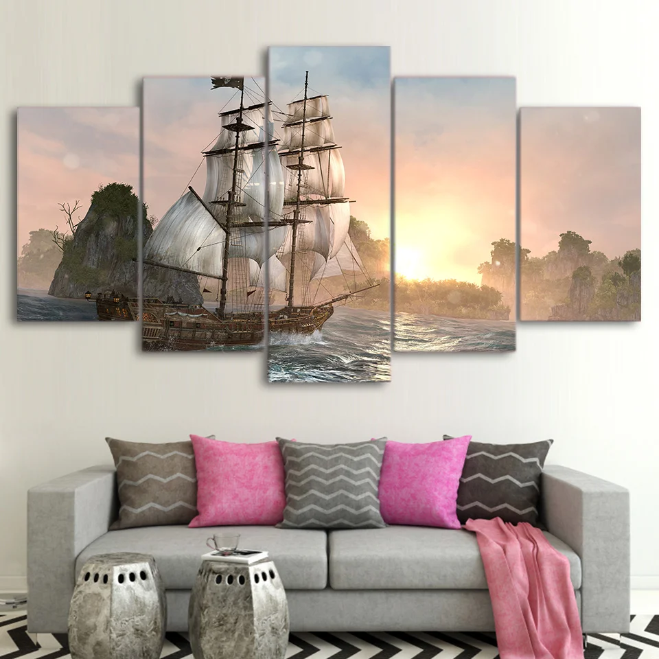 

Modern Decor Room Wall 5 Pieces HD Printed Pictures Ship Sea Sunset Sunshine Landscape Art Paintings Poster Modular Canvas