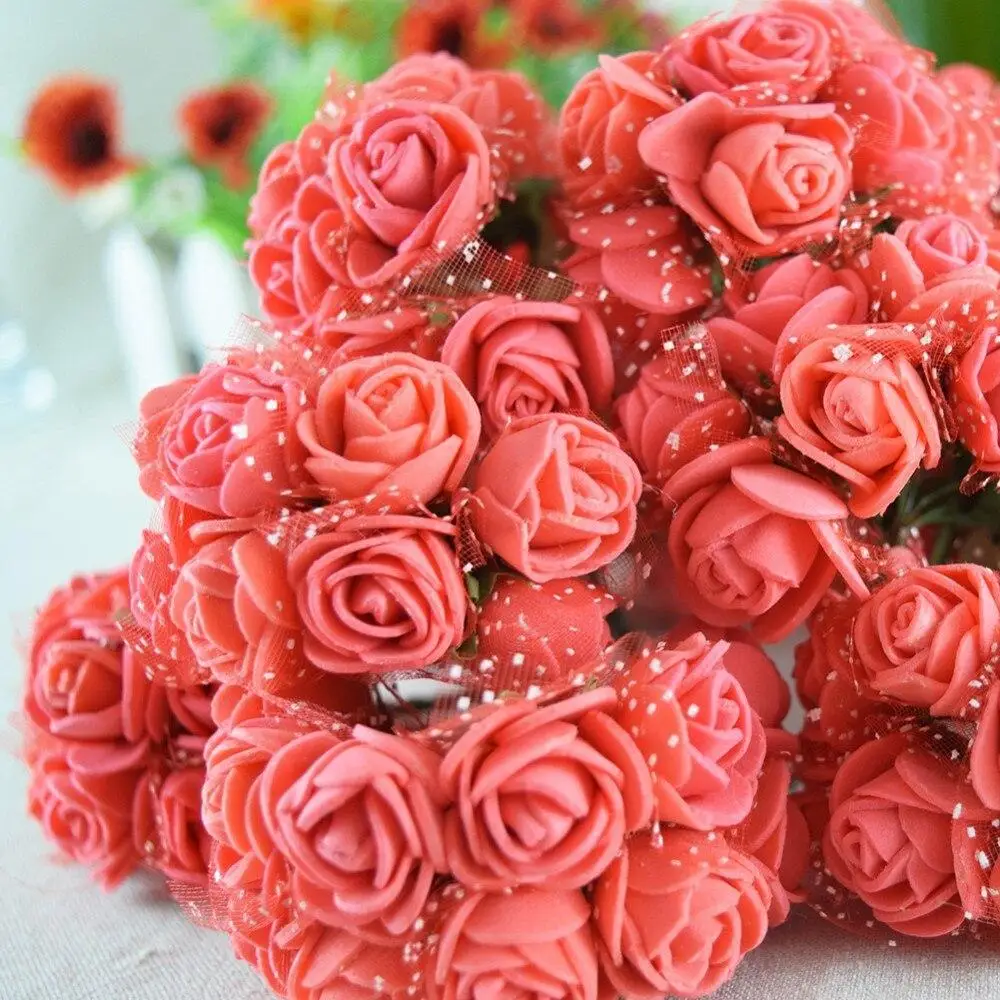 

144 шт./лот, Диаметр 2,5 см, многоцветные розы из пены, миниатюрные искусственные шелковые цветы, букет, однотонные свадебные украшения, венки
