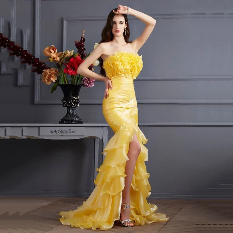 Elelgant Yellow Prom Dresses Strapless Mermaid High Low Sleeveless Evening Gowns Back Zipper Tiered Ruffle Custom Made Vestidos
Elelgant Yellow Prom Dresses Strapless Mermaid High Low Sleeveless Evening Gowns Back Zipper Tiered Ruffle Custom Made Vestidos