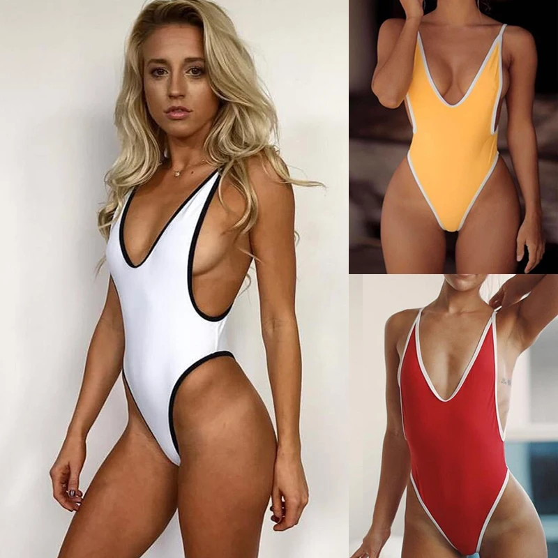 

Swimsuits for Women Sexy High Cut Monokini Deep V One Piece Bathing Suits Color Block Backless Cheeky Swimwear Semi Thong Bikini