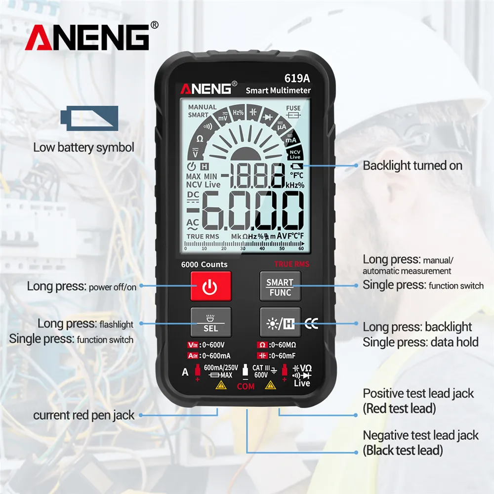 ANENG 619A True RMS 6000 Counts Professional Analog Bar Multimetro NCV Meter Digital Multimeter AC/DC Currents Voltage Testers
ANENG 619A True RMS 6000 Counts Professional Analog Bar Multimetro NCV Meter Digital Multimeter AC/DC Currents Voltage Testers