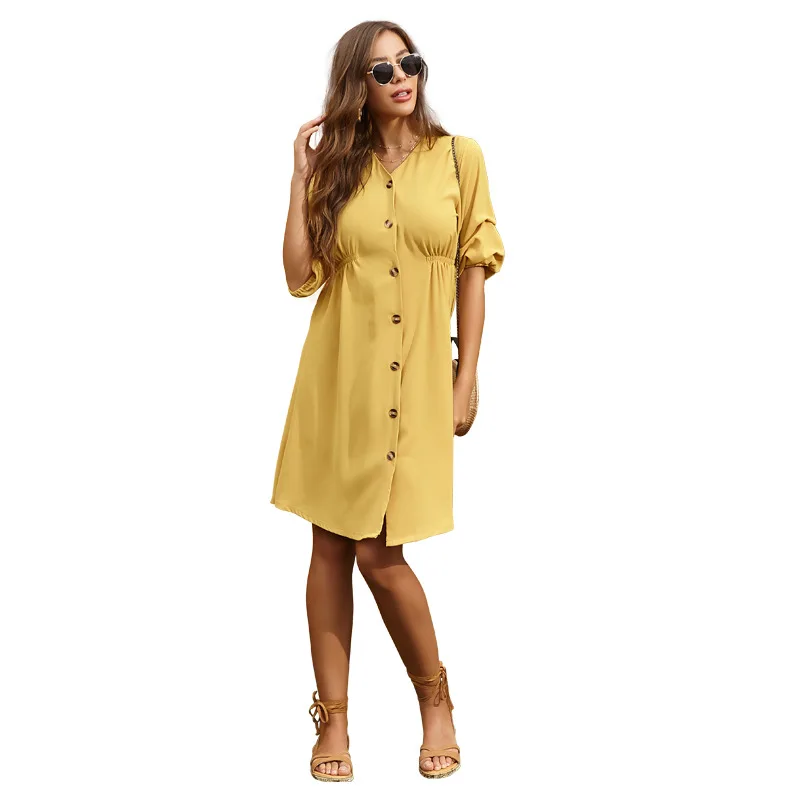 2021 Cardigan Shirt Type Middle Skirt Solid Color Loose Middle Sleeve Pleated Shirt Big Swing Bottoming V-neck Dress Female
2021 Cardigan Shirt Type Middle Skirt Solid Color Loose Middle Sleeve Pleated Shirt Big Swing Bottoming V-neck Dress Female