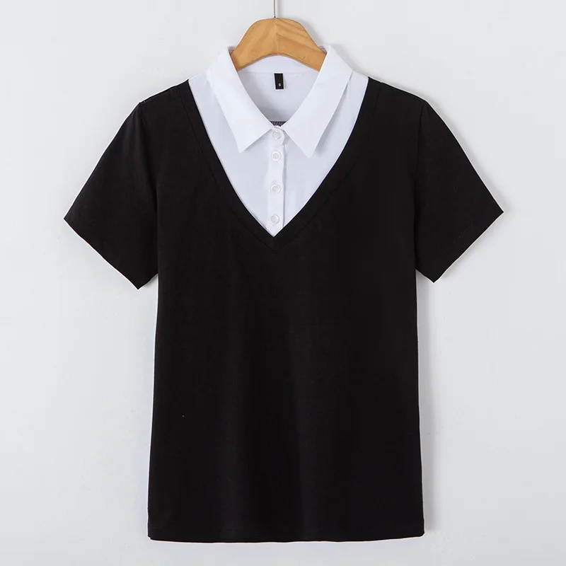 Spring and summer new short sleeve T-shirt women's Lapel fake two pieces women's slim solid color collar top 6712 
Spring and summer new short sleeve T-shirt women's Lapel fake two pieces women's slim solid color collar top 6712