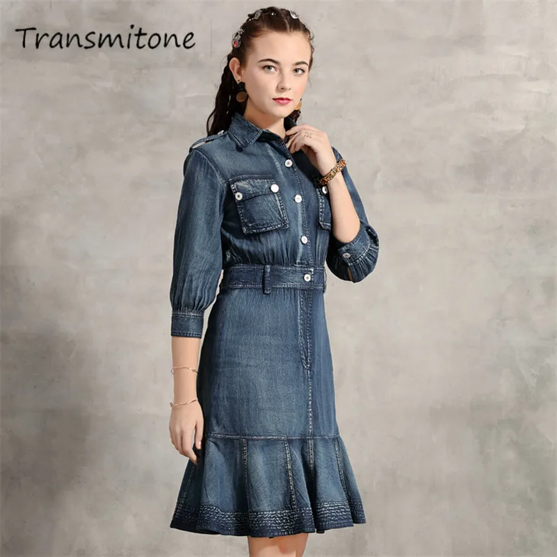 Denim Women's Dress 2019 Vintage Slim Waist Ruffles Women Dresses Half Sleeve Turn-down Collar Vestidos Graceful Dress 82195
Denim Women's Dress 2019 Vintage Slim Waist Ruffles Women Dresses Half Sleeve Turn-down Collar Vestidos Graceful Dress 82195