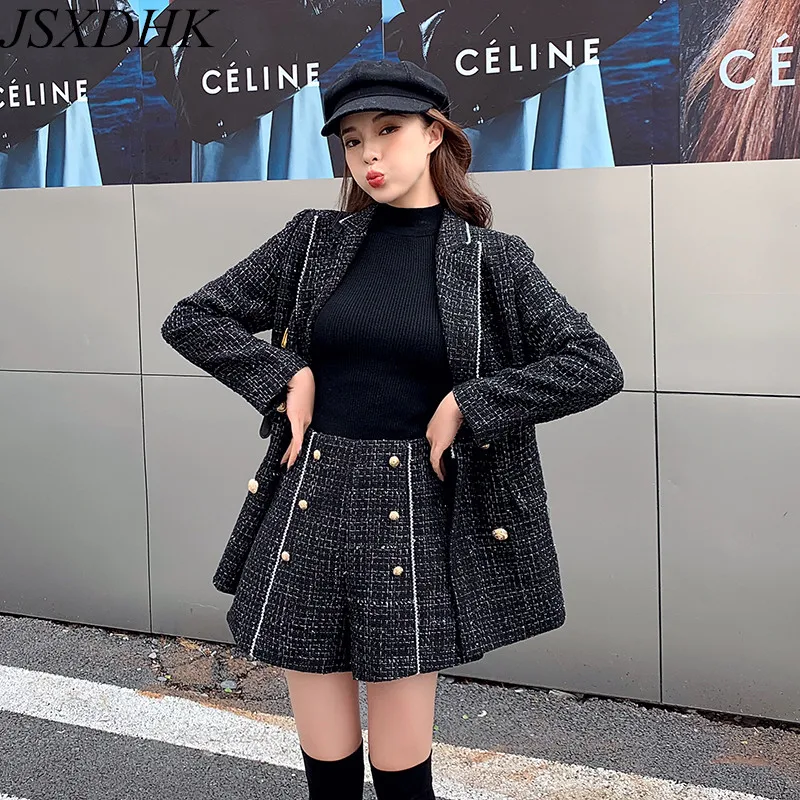 JSXDHK New Women Tweed Plaid Two Piece Set Autumn Winter Bright Silk Double-Breasted Blazer Jacket + Woolen Wide Leg Shorts Suit
JSXDHK New Women Tweed Plaid Two Piece Set Autumn Winter Bright Silk Double-Breasted Blazer Jacket + Woolen Wide Leg Shorts Suit