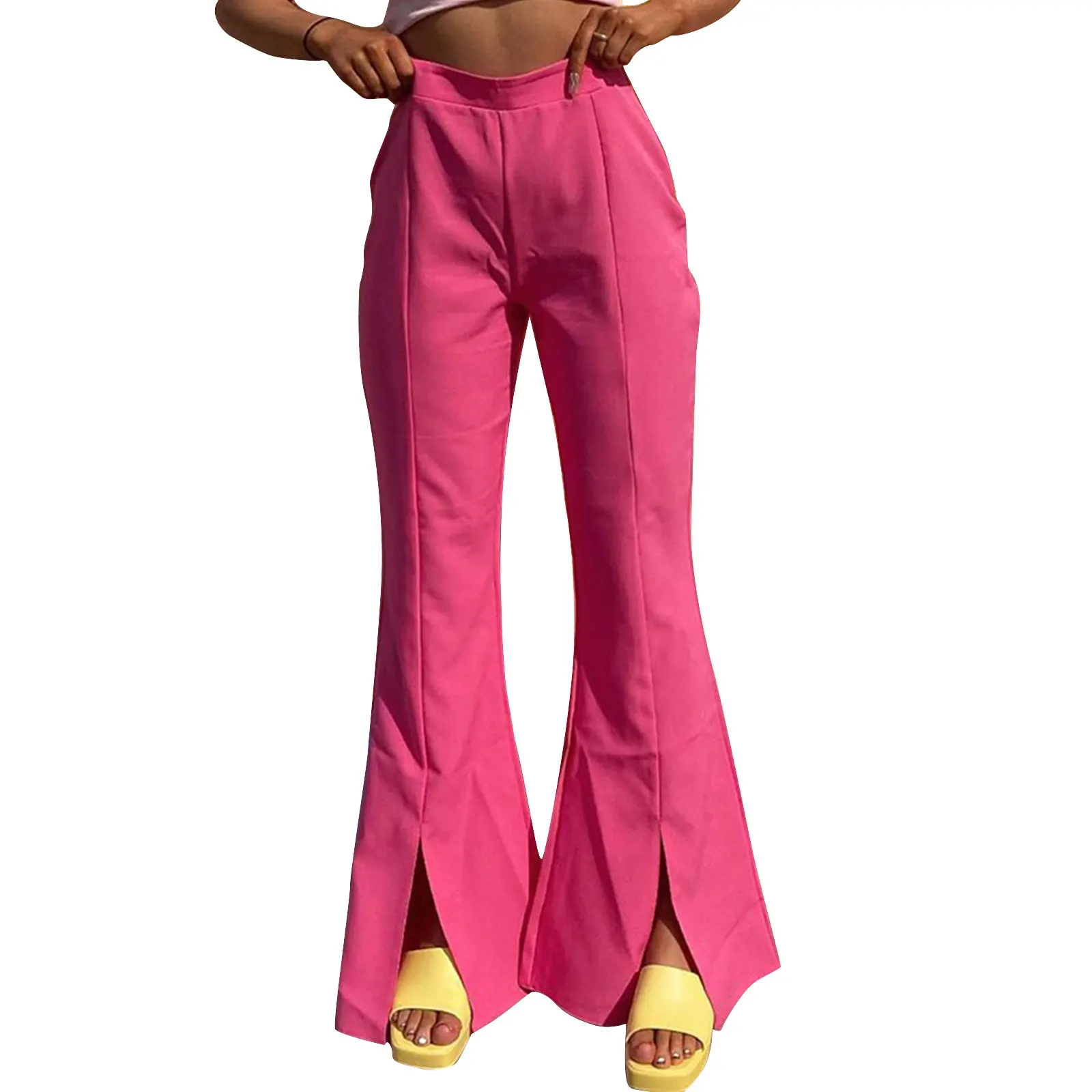 

Женские широкие брюки-клеш с высокой талией, модные однотонные длинные брюки с широкими штанинами и разрезом на подоле, 2019