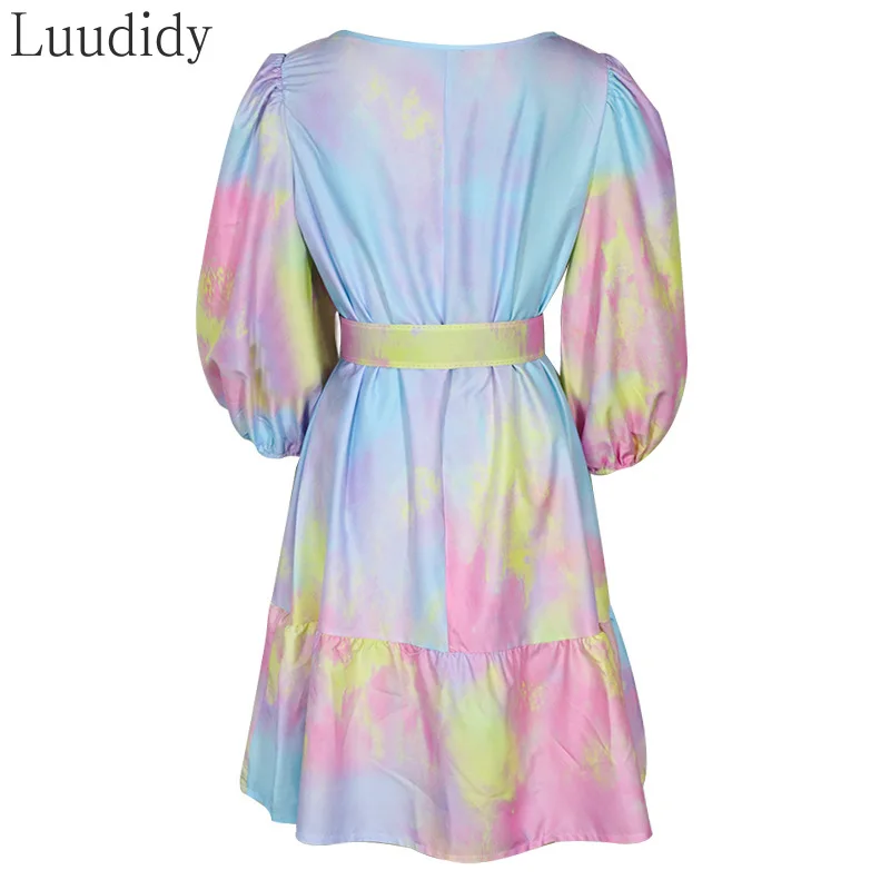 Elegant Tie-Dye Print Pleated Party Dress Women Vintage Lantern Sleeves Ruffle Belt Dress
Elegant Tie-Dye Print Pleated Party Dress Women Vintage Lantern Sleeves Ruffle Belt Dress
