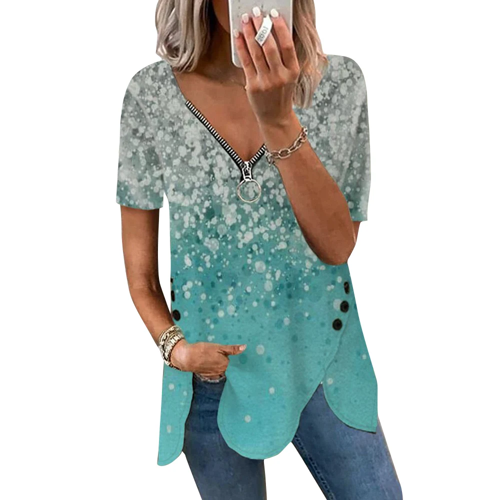 Irregular Floral Print Zipper V-Neck Blouses Short Sleeves Button Women's Summer T Shirt Casual Loose Tops Ladies Clothing D30
Irregular Floral Print Zipper V-Neck Blouses Short Sleeves Button Women's Summer T Shirt Casual Loose Tops Ladies Clothing D30