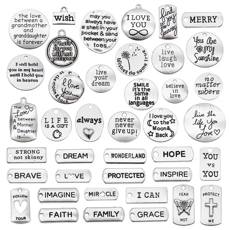 Julie Wang 20PCS Inspirational Words Charms Random Mixed Alloy Letter Tag Pendants Antique Silver Color Jewelry Making Accessory
Julie Wang 20PCS Inspirational Words Charms Random Mixed Alloy Letter Tag Pendants Antique Silver Color Jewelry Making Accessory