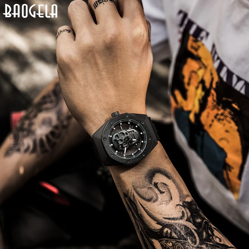 Мужские часы скелетоны BAOGELA роскошные брендовые водонепроницаемые наручные с