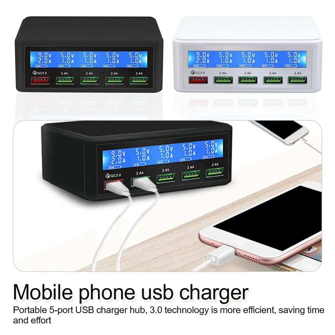 Fast Charge 3.0 5-Port USB Charger Adapter with HD LCD Display for Mobile Phone Tablet Charger Plug
Fast Charge 3.0 5-Port USB Charger Adapter with HD LCD Display for Mobile Phone Tablet Charger Plug