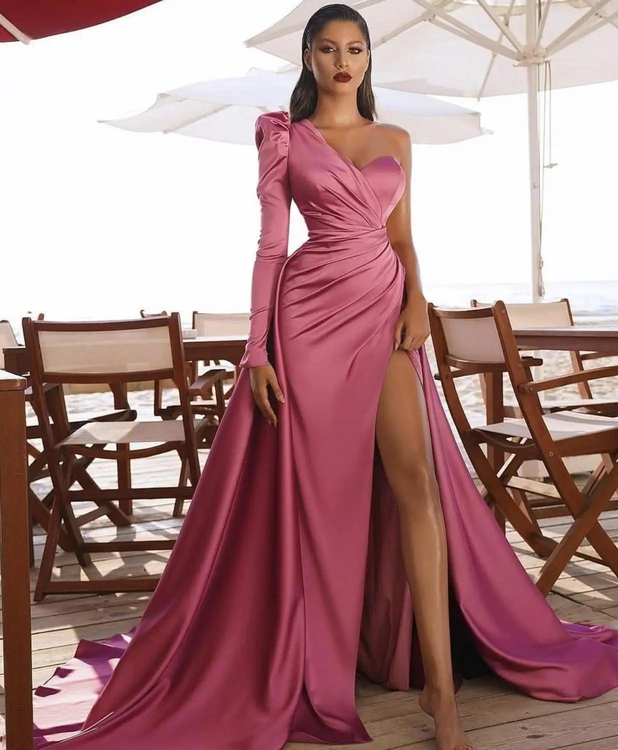 

2021 Newest Prom Dresses African Saudi Arabia Long Sleeves Women Formal Dress Mermaid High Split Celebrity Robe De Soireaid Gown