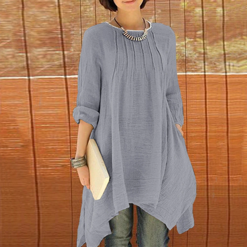 Women Autumn Solid Color Irregular Pleated Back Buttons Shirt Dress Loose Blouse 
Women Autumn Solid Color Irregular Pleated Back Buttons Shirt Dress Loose Blouse