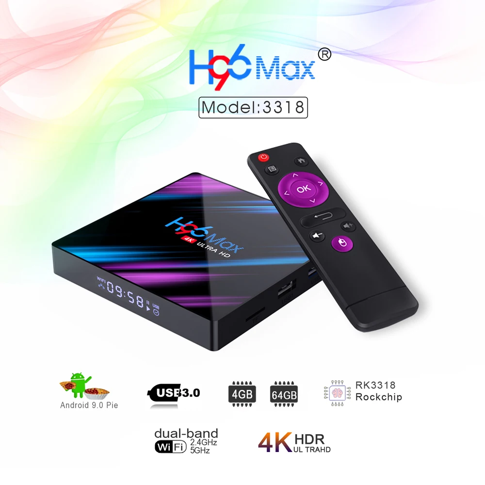 Приставка Смарт-ТВ H96 Max, Android 9,0, четырехъядерный процессор RK3318, 64 бит, UHD, 4K, VP9, H.265, 4 ГБ/64 ГБ, 2,4 ГГц/стандартный Wi-Fi, BT4.0, HD медиаплеер
Приставка Смарт-ТВ H96 Max, Android 9,0, четырехъядерный процессор RK3318, 64 бит, UHD, 4K, VP9, H.265, 4 ГБ/64 ГБ, 2,4 ГГц/стандартный Wi-Fi, BT4.0, HD медиаплеер