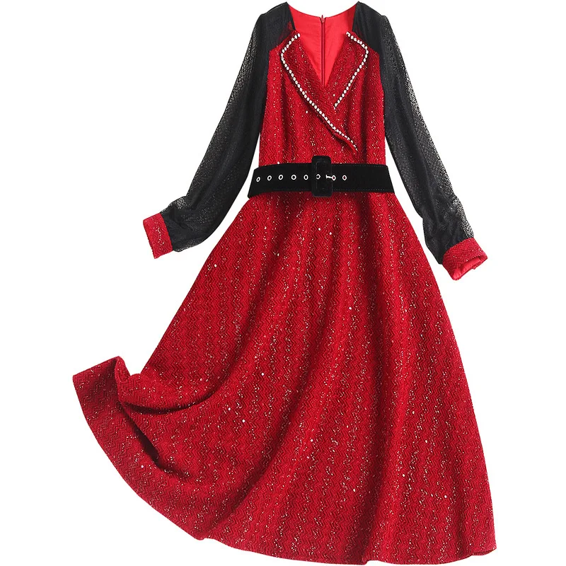 2021 Spring Knitted Drees Black Patched Lace Sleeve Diamonds Collar Turn Down Party Skirt Belt Red Sequined Dresses Women
2021 Spring Knitted Drees Black Patched Lace Sleeve Diamonds Collar Turn Down Party Skirt Belt Red Sequined Dresses Women