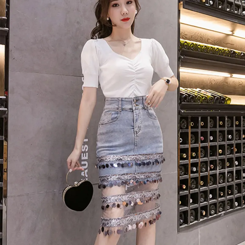 Summer Korean Women Denim Mini Skirts High Waist Package Hip Jeans Fashion Sequins Patchwork Mesh SKirt Jupe Femme 2021
Summer Korean Women Denim Mini Skirts High Waist Package Hip Jeans Fashion Sequins Patchwork Mesh SKirt Jupe Femme 2021