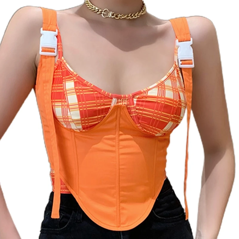 

Оранжевый пикантный корсет, топ, летний лоскутный тонкий бюстье со шнуровкой и открытой спиной, подтяжки с застежкой для женщин