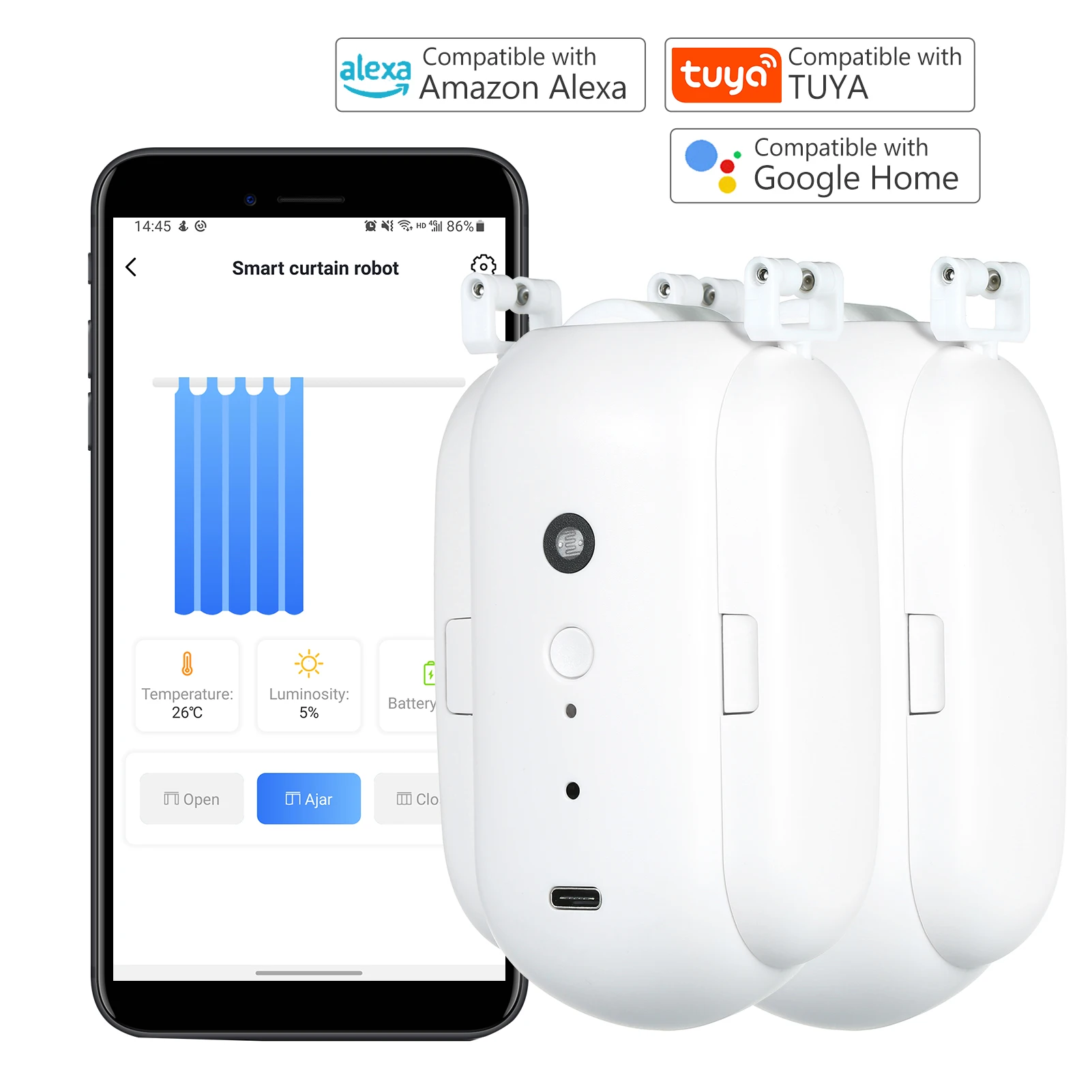 WiFi Smart Home Automatic Curtain Motor Robot Wireless Smart Curtain Motor Timer Voice Control for Amazon Alexa Google Assistant
WiFi Smart Home Automatic Curtain Motor Robot Wireless Smart Curtain Motor Timer Voice Control for Amazon Alexa Google Assistant