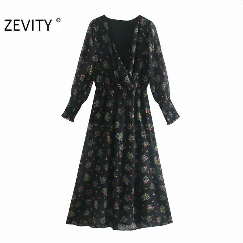 

Женское шифоновое платье-миди Zevity, с V-образным вырезом, цветочным принтом, с длинным рукавом, для офиса, для вечеринок, для осени, DS4540