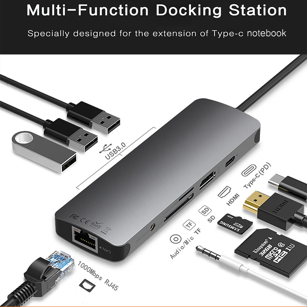 Концентратор USB Type C с 3 0 HDMI RJ45 PD зарядкой SD/TF кардридер разветвитель для ноутбука