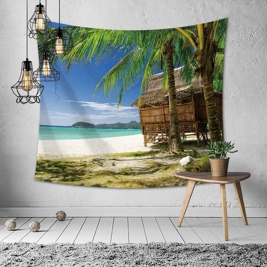 

Cozy Sunset Coastal Natural Scenery Wall Hanging Gobelin Mural Coconut Tree Printed Polyester Tapestry Bedroom Decor Art
