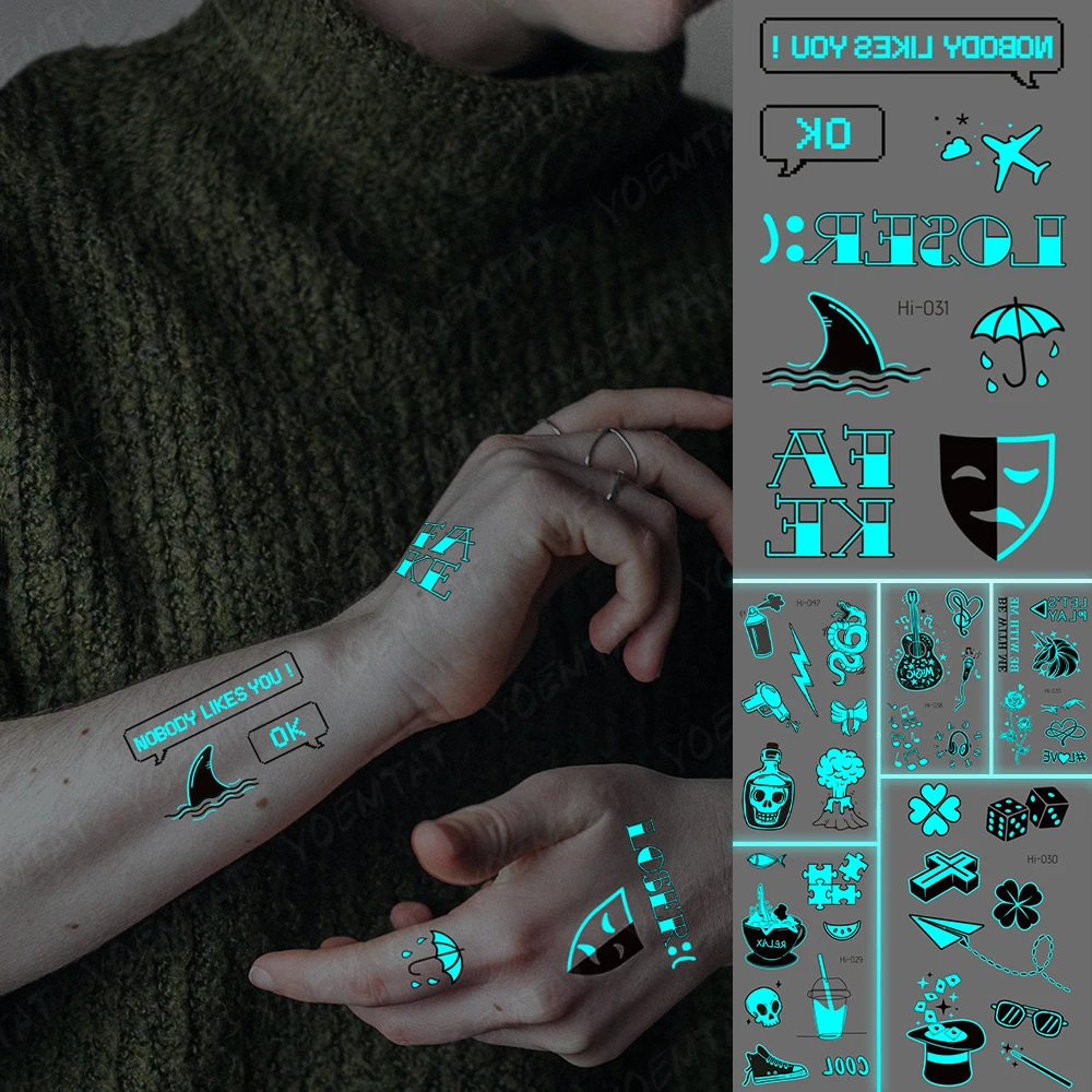 Blue Luminous Glow Tattoo Sticker Shark Mask Waterproof Temporary Tatoo Small Finger Wrist Fake Tatto For Body Art Women Men
Blue Luminous Glow Tattoo Sticker Shark Mask Waterproof Temporary Tatoo Small Finger Wrist Fake Tatto For Body Art Women Men
