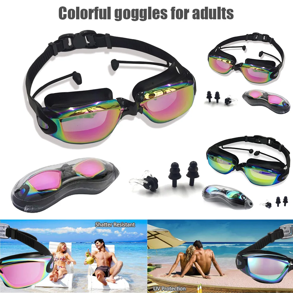 

Adult Swim Goggles No Leaking Electroplating Anti Fog UV Protection Clear Vision Swimming Goggles with Earplugs Nose Clip Set E