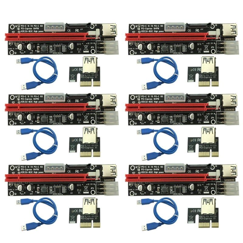 

6PCS 3 in 1 4pin Molex PCI-E Mining Card 6pin Riser SATA 60cm PCIE 1x to 16x PCI Express Riser Card for Antminer Bitcoin Miner