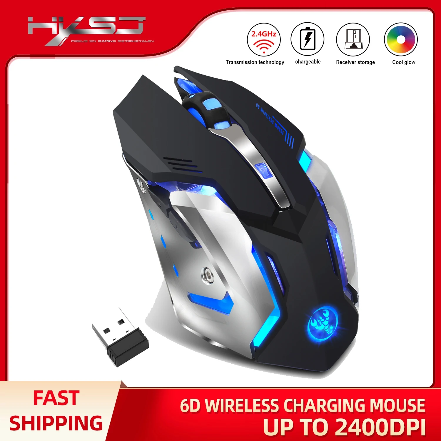 

HXSJ M10 Wireless Gaming Mouse 2400dpi Rechargeable 7 color Backlight Breathing Comfort Gamer Mice for Computer Desktop Laptop