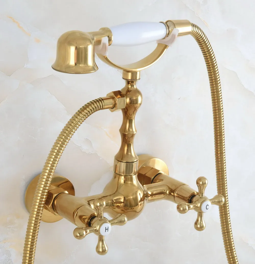 

Contemporary Luxury Gold Color Brass Wall Mounted Bathtub Faucet with Handheld Shower Set +150CM Hose Mixer Tap 2na825