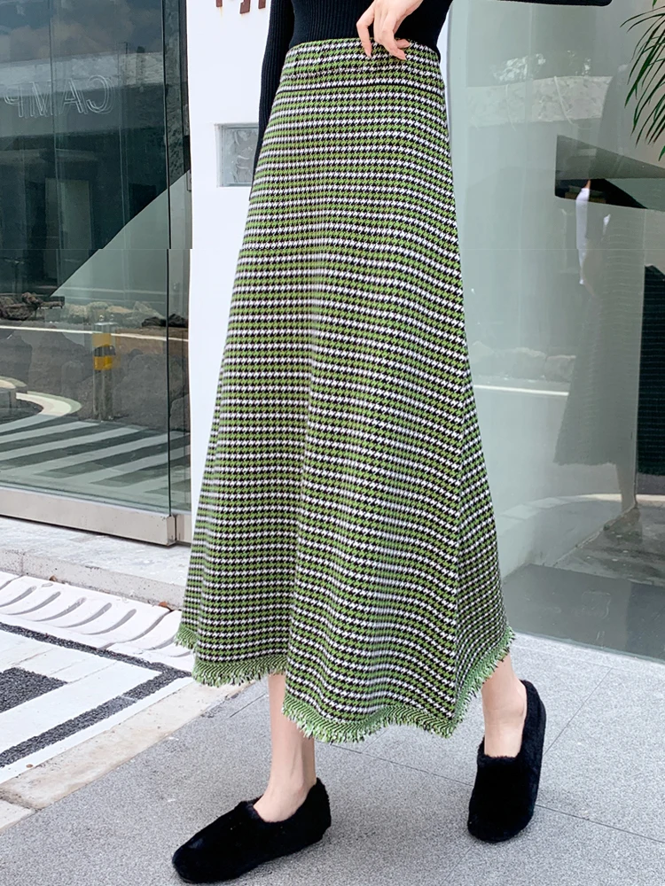 

Женская трикотажная клетчатая юбка-миди TIGENA, длинная трапециевидная юбка в Корейском стиле с бахромой и высокой талией, Осень-зима 2021
