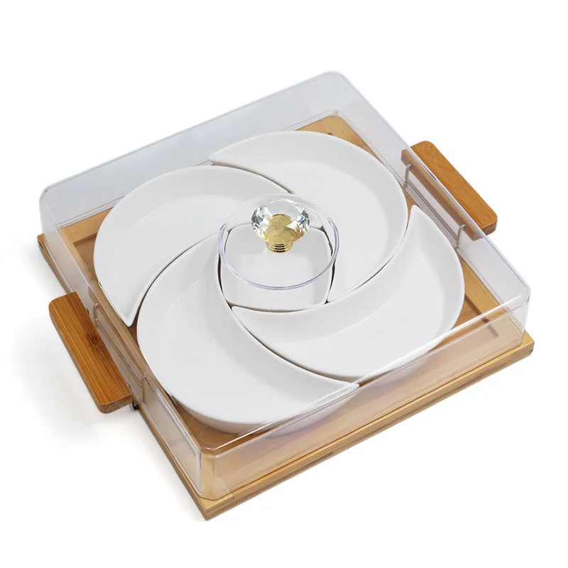 Separated ceramic dried fruit platter square snack candy nut box combination with lid snack tray WF9173