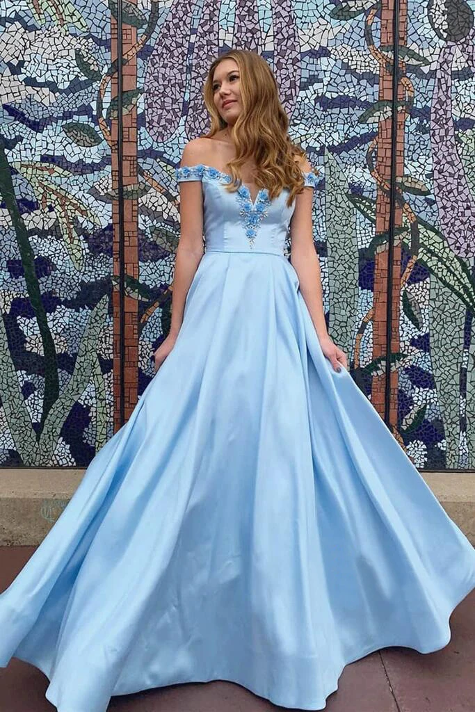 2020 Light Blue Off Shoulder Flower Prom Dresses Sleeveless Evening Dress Formal Party Ball Gowns vestido formatura
2020 Light Blue Off Shoulder Flower Prom Dresses Sleeveless Evening Dress Formal Party Ball Gowns vestido formatura