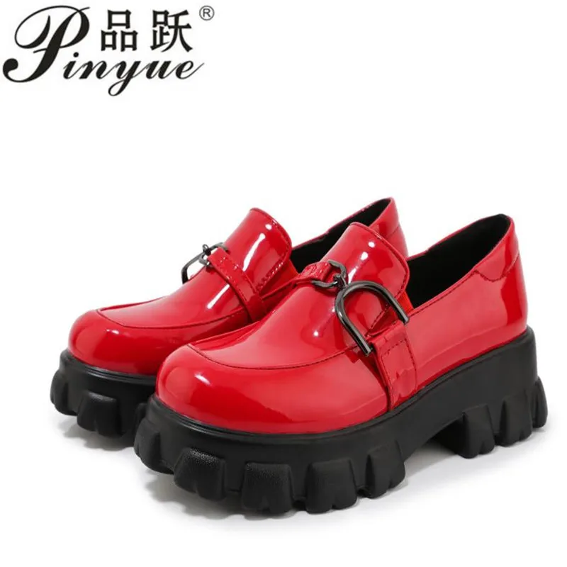 

Spring New Slip ons Shallow Shoes Women Metal Chain Buckle Platform Chunky Heels Casual Shoes Loafers 34-43 sapato feminino