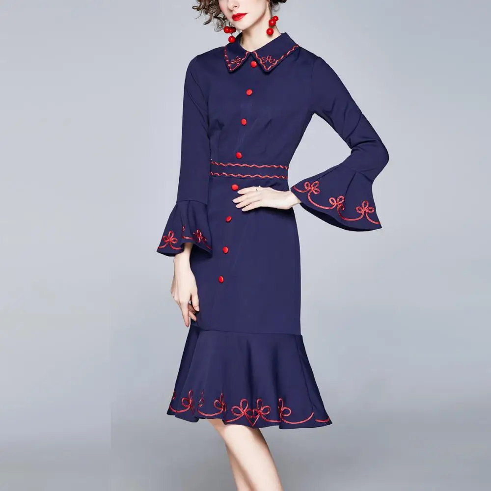Flare Sleeve Retro Embroidery Dress Autumn Winter Clothes Women Elegant Vintage Trumpet Vestidos Office Party Blue Robe Femme 
Flare Sleeve Retro Embroidery Dress Autumn Winter Clothes Women Elegant Vintage Trumpet Vestidos Office Party Blue Robe Femme
