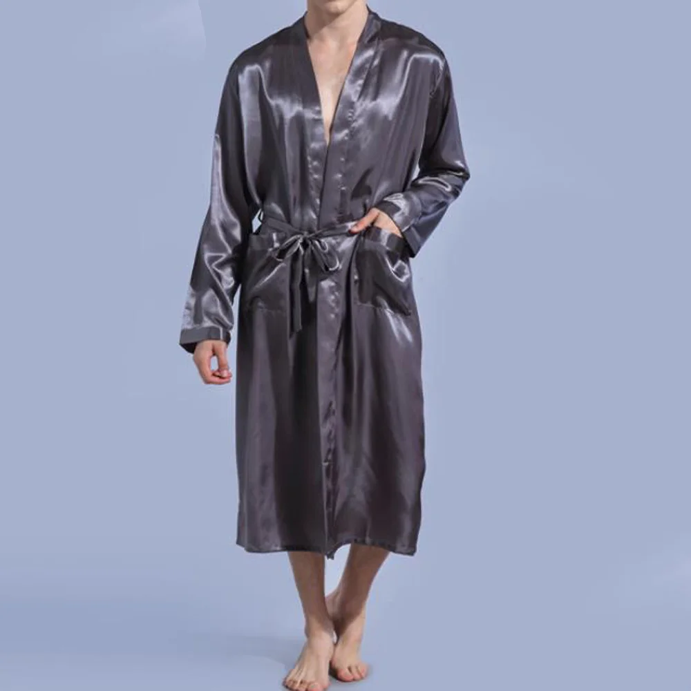 

Men's Bathrobe Silk-Like Satin Pajamas Long Sleeve Kimono Cardigan Robes Dressing Gown Men Home Sleepwear Loungewear