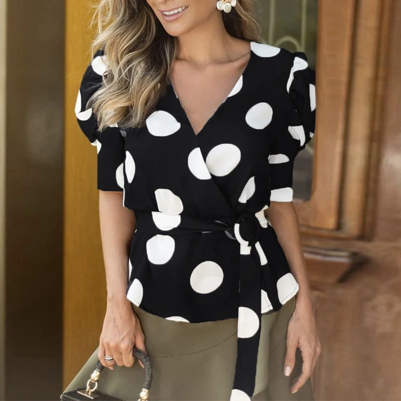 Женская модная рубашка в горошек, Элегантная черная рубашка с рукавами-пузырьками и v-образным вырезом, размер L
Женская модная рубашка в горошек, Элегантная черная рубашка с рукавами-пузырьками и v-образным вырезом, размер L