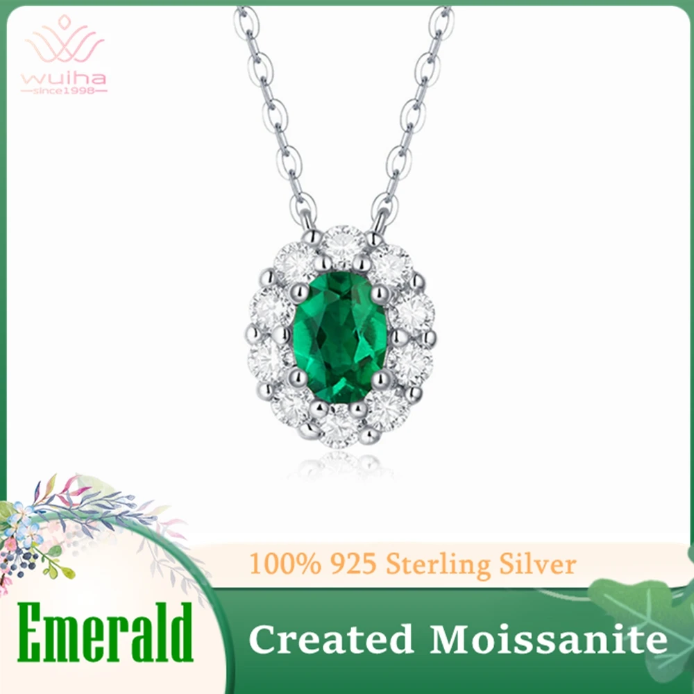 

WUIHA Luxury 100% 925 Sterling Silver Oval 5*7MM 1.5CT Emerald Created Moissanite Gemstone Wedding Pendent Necklace Fine Jewelry