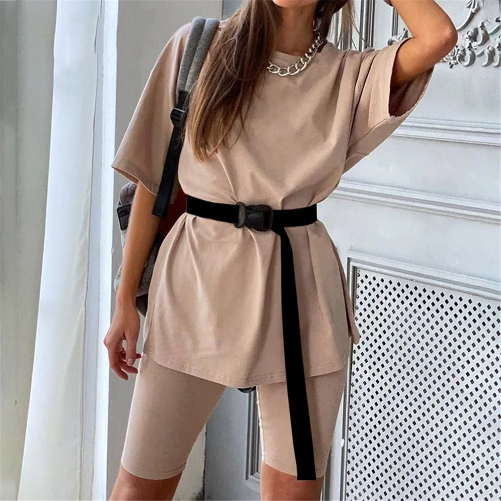 Suit Female Casual Outfits Women's Two Piece Set with Belt Home Sports Loose Fashion Bicycle Summer Tracksuit Women 2020 
Suit Female Casual Outfits Women's Two Piece Set with Belt Home Sports Loose Fashion Bicycle Summer Tracksuit Women 2020