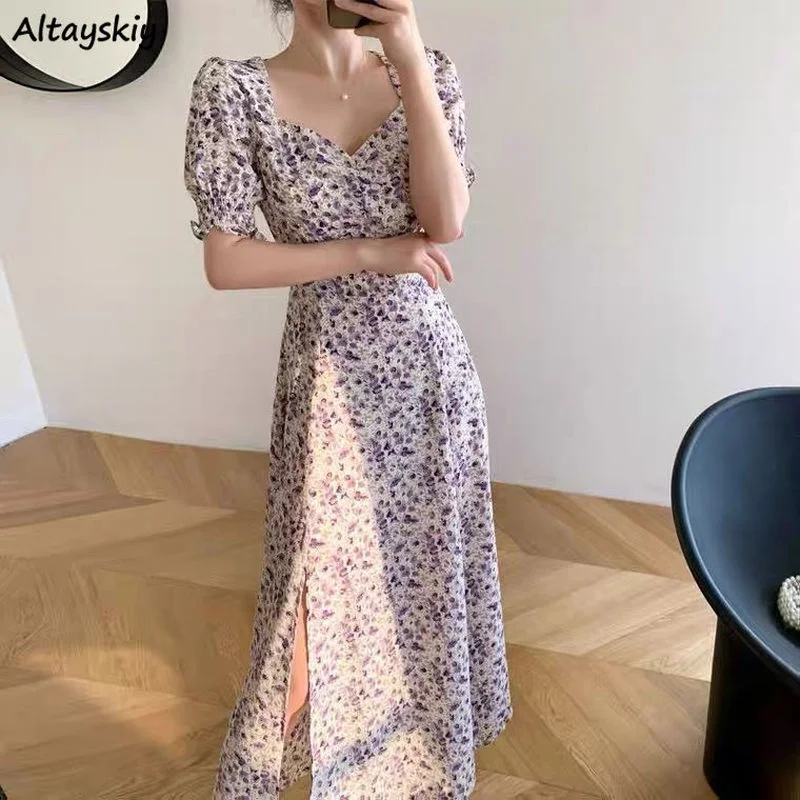 Dress Women Sexy Ulzzang Purple Floral French Elegant Square Collar Puff Sleeve Holiday Side-slit Prairie Chic Folds Abdomen Ins
Dress Women Sexy Ulzzang Purple Floral French Elegant Square Collar Puff Sleeve Holiday Side-slit Prairie Chic Folds Abdomen Ins