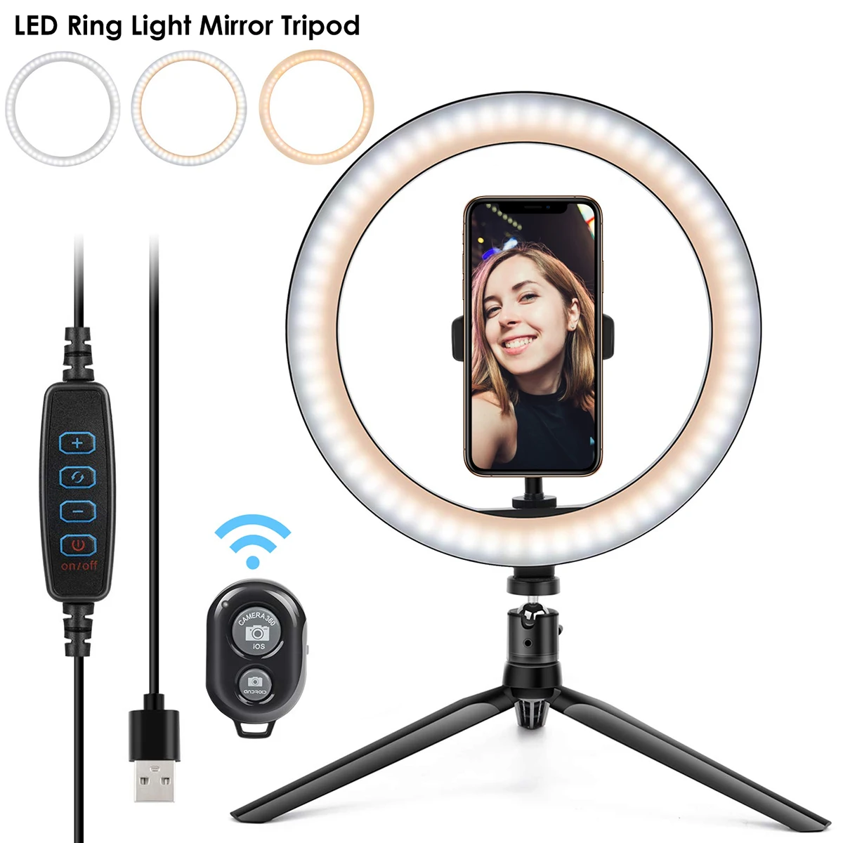 10" LED Ring Light 3 Light Colors 10 Brightness 2700-6500K Dimmable USB Desk Ring Lamp with Tripod Stand & Cell Phone Holder &
10" LED Ring Light 3 Light Colors 10 Brightness 2700-6500K Dimmable USB Desk Ring Lamp with Tripod Stand & Cell Phone Holder &
