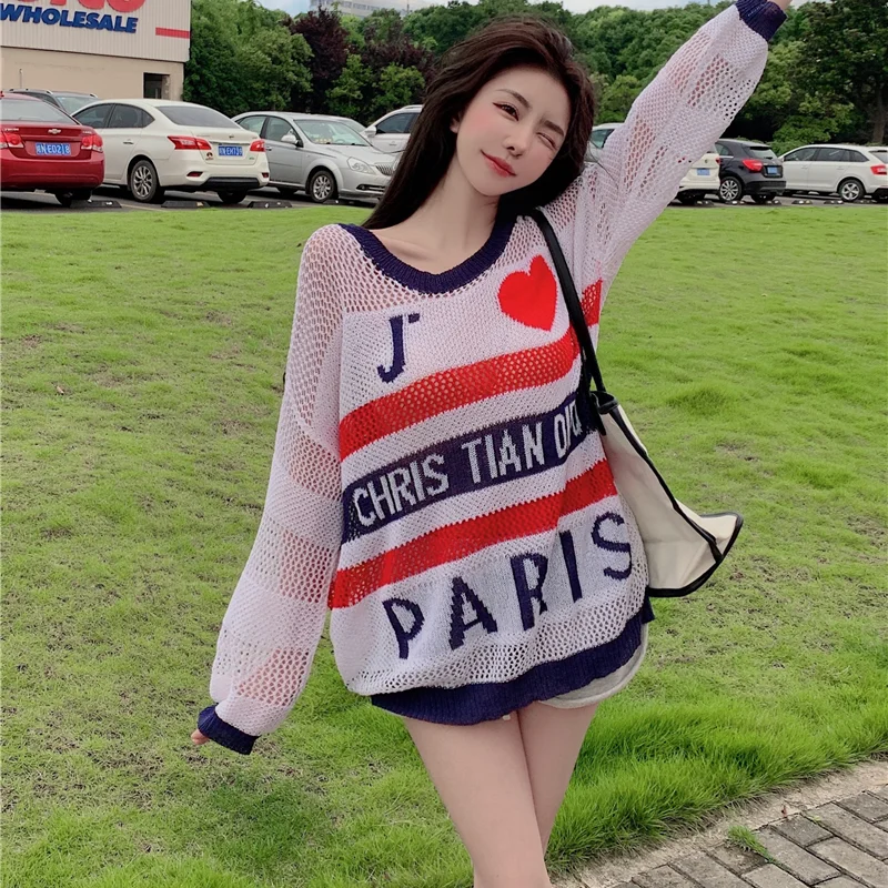 Korean Loose Knitted Tops Women Hollow Long Sleeved Pullovers Autumn 2021 New Love Letter Ice Silk Sweater Female
Korean Loose Knitted Tops Women Hollow Long Sleeved Pullovers Autumn 2021 New Love Letter Ice Silk Sweater Female