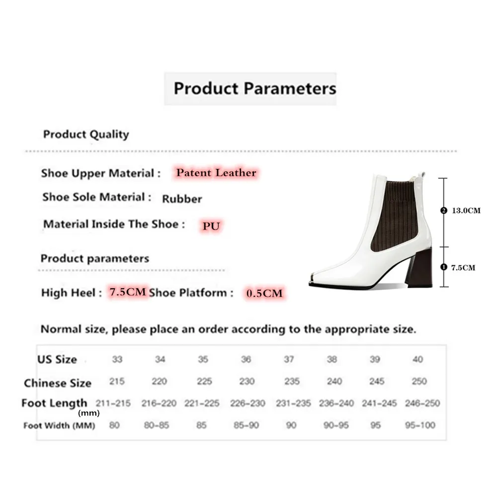 Runway Party Retro Women's Ankle Boots Sexy Patent Leather Short Boots Women Patchwork Square Toe Punk Girl Chelsea High Heels
Runway Party Retro Women's Ankle Boots Sexy Patent Leather Short Boots Women Patchwork Square Toe Punk Girl Chelsea High Heels